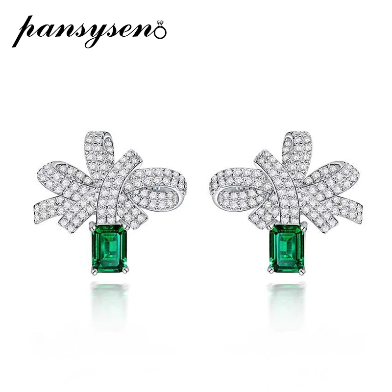 

PANSYSEN Luxury 925 Sterling Silver Bowknot Emerald Created Moissanite Stud Earrings for Women Anniversary Party Fine Jewelry