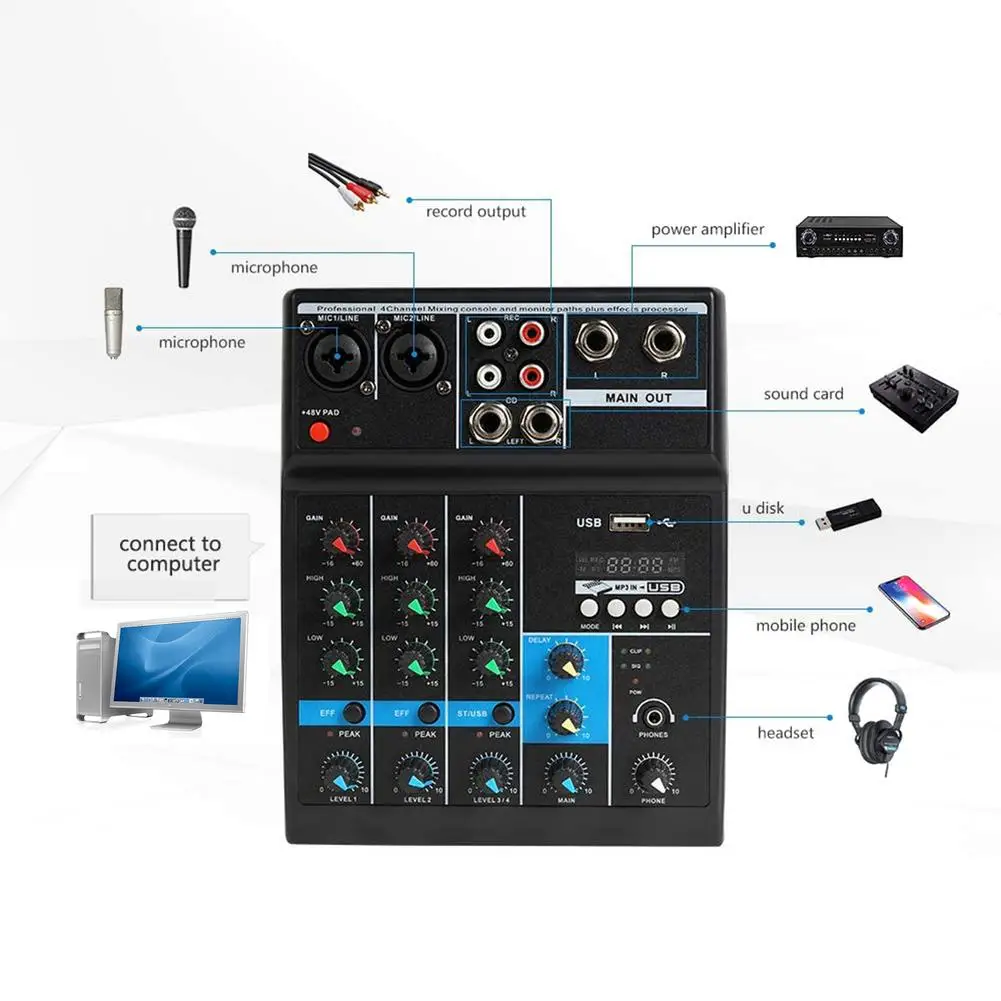 Professional 4 Channel Audio Karaoke Mixer Studio DJ Mixing Console For Computer Audio Interface 48V Phantom Power
Professional 4 Channel Audio Karaoke Mixer Studio DJ Mixing Console For Computer Audio Interface 48V Phantom Power