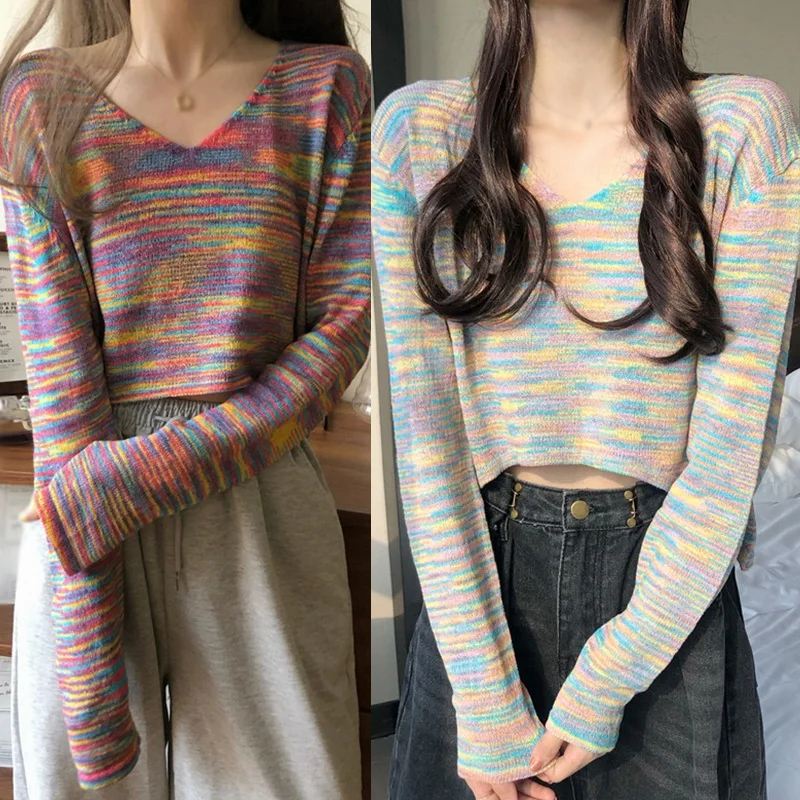 Women V-neck Rainbow Long-sleeved Thin Knitted Sweater Casual Short Breathable Comfortable Sweater Pullover Jumpers
Women V-neck Rainbow Long-sleeved Thin Knitted Sweater Casual Short Breathable Comfortable Sweater Pullover Jumpers