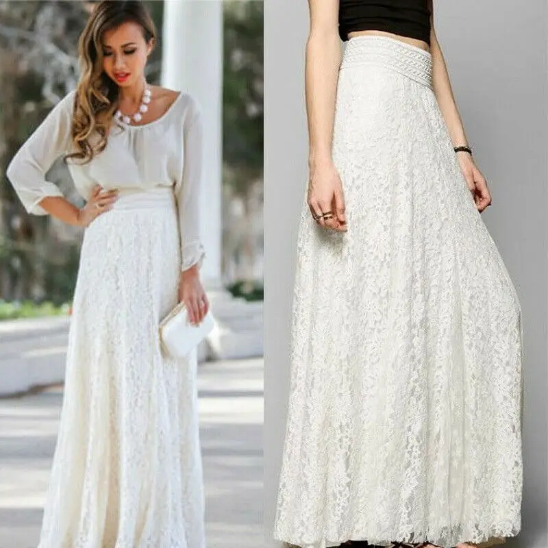 Long Elegant Skirt Female Elastic High Waist Non-transparent Boho Solid Summer Maxi Skirts Lace Casual White Beige | Женская одежда