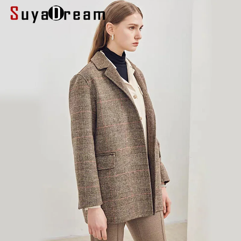 Фото SuyaDream ручная работа 90% шерсть Женский клетчатый Блейзер пальто 2021FW элегантное