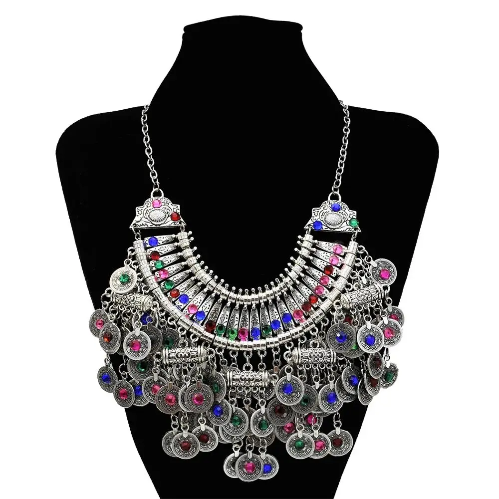 

Gypsy Turkish Tribal Colorful Rhinestone Coins Necklace Earrings for Women Boho Pakistan Afghan Dress Clothes India Jewelry Sets