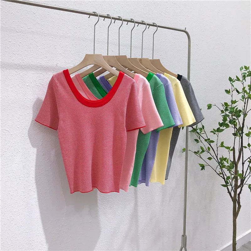 

UVRCOS Summer New Female Han Fan Student's Slim Temperament Pullover Top U-Neck Ice Stripe Short Sleeve T-Shirt