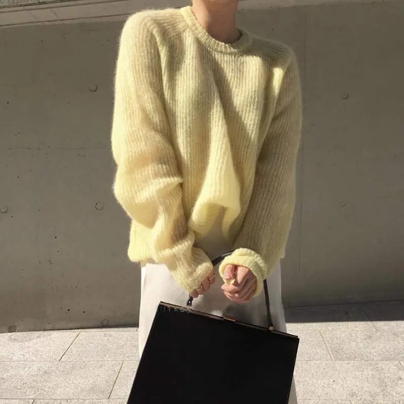 Flectit Fuzzy Mohair Sweater Women Cozy Long Sleeve O-Neck Pink Yellow Jumper Autumn Winter Knit Tops Pullovers Korean Fashion * | Женская