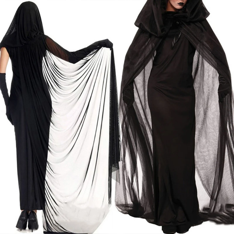 

Girls Forsaken Soul Costume Halloween Women Death Hell Witch Devil Vampire Cosplay Uniform Black Long Dress Gloves Cloak