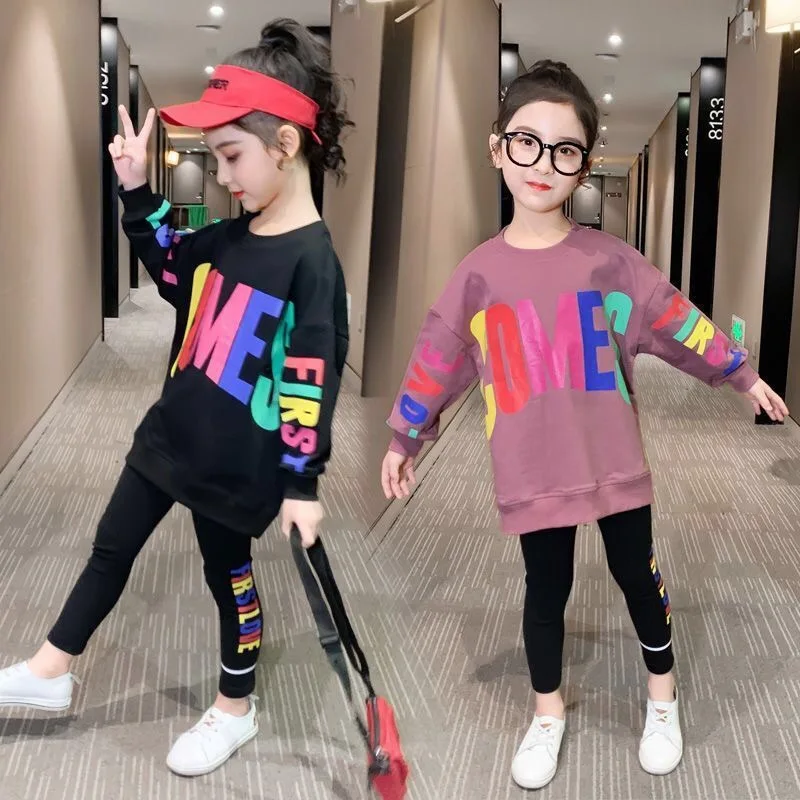 2021 Spring Autumn Girls Clothes Letters T-shirt Tracksuit Loose Hoodie T Shirt + Leggings Stretch Pants 4 5 6 7 8 9 10 12 Years | Детская
