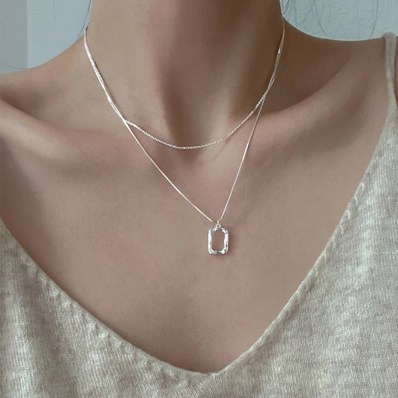 925 Sterling Silver Geometric Square Pendant Double Layer Necklace Simple Personality Clavicle Chain Ladies Exquisite Jewelry | Украшения и