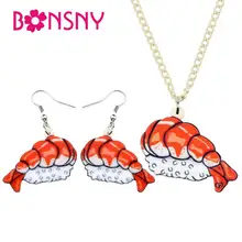Bonsny Acrylic Jewelry Sets Japanese Shrimp Sushi Rice Food Necklace Earring Anime Funny Pendant Teens Charm Party Gift