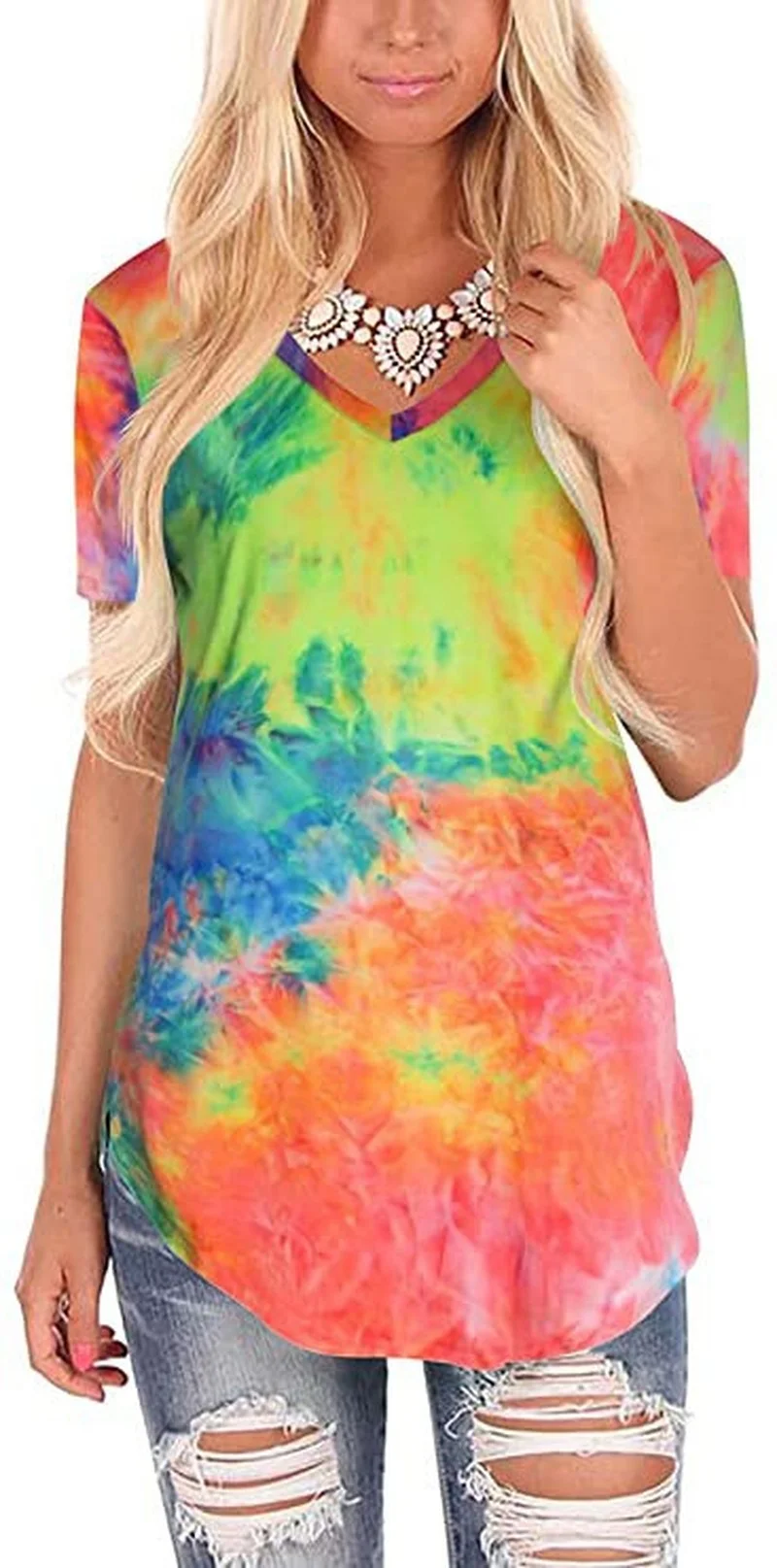 2021 summer new European and American women's loose short-sleeved V-neck tie-dye printed t-shirt pullover top summer plus size