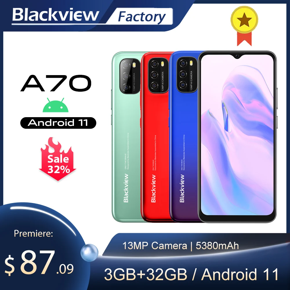Смартфон Blackview A70 3 ГБ + 32 Восьмиядерный на базе Android 11 задняя камера 13 МП экран 6 517