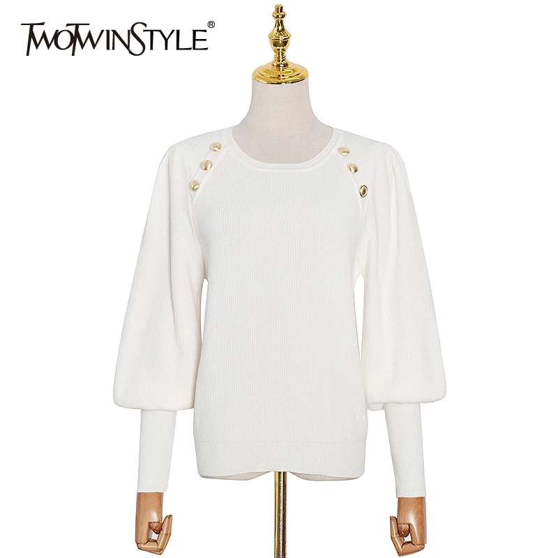 TWOTWINSTYLE Patchwork Button Sweater For Women O Neck Lantern Long Sleeve Casual White Sweaters Female Fashion New Clothes 2020
TWOTWINSTYLE Patchwork Button Sweater For Women O Neck Lantern Long Sleeve Casual White Sweaters Female Fashion New Clothes 2020
