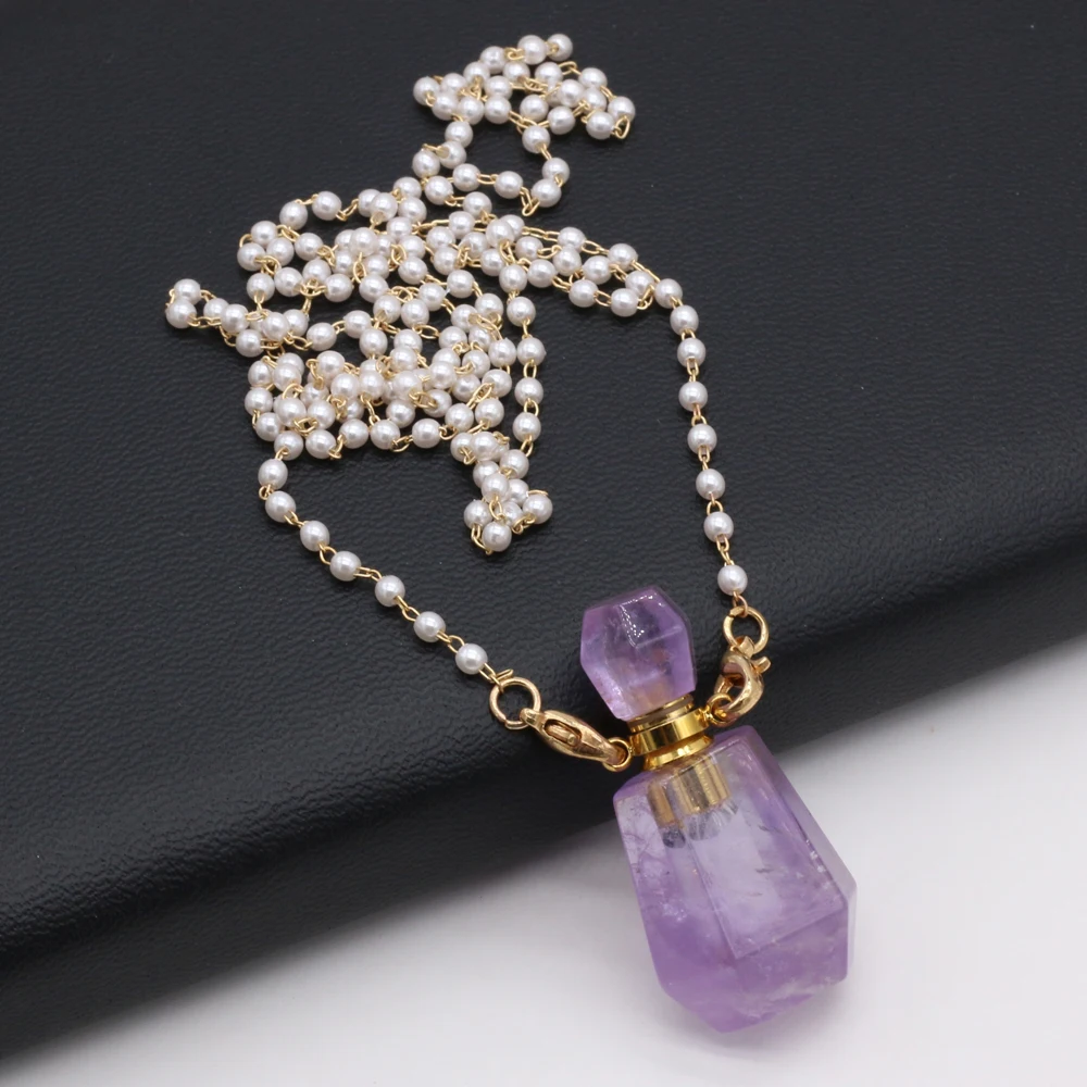 80CM Natural Crystal Amethysts Stone Perfume Bottle Necklace Charm Pendant Two Glasses Pearl Chain For Women Gift Size 20x37mm 
80CM Natural Crystal Amethysts Stone Perfume Bottle Necklace Charm Pendant Two Glasses Pearl Chain For Women Gift Size 20x37mm