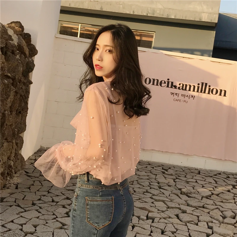 Perspective Mesh Chiffon Blouse Female Spring Autumn Fashion Women's Clothing Korean Bow Bandage Shirts Fare Sleeve Ladies Tops 
Perspective Mesh Chiffon Blouse Female Spring Autumn Fashion Women's Clothing Korean Bow Bandage Shirts Fare Sleeve Ladies Tops
