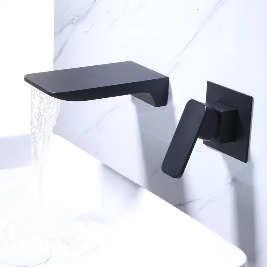 

Black Waterfall Spout Basin Faucets Dual Hole Widespread Lavatory Sink Mixer Crane Single Lever Bathroom Washing Basin Mixer Tap