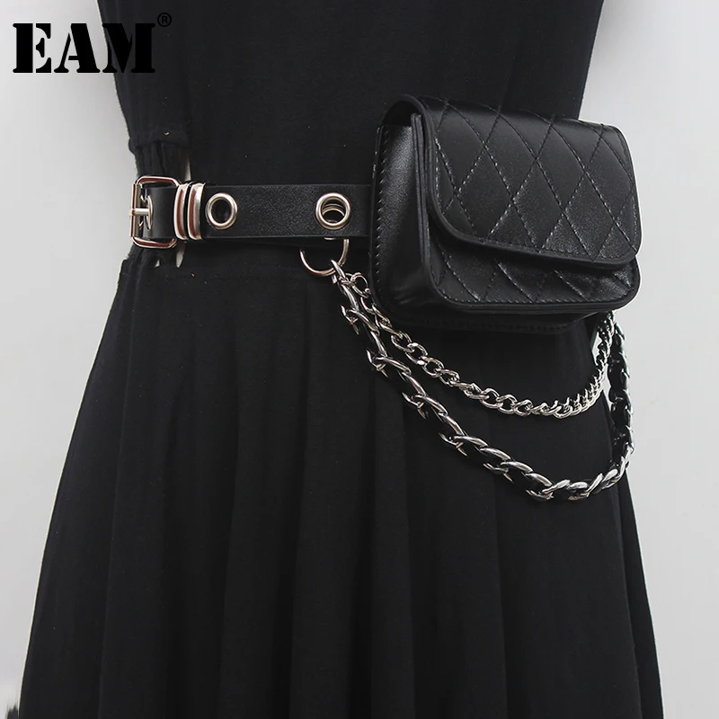 

[EAM] черная мини-сумка из искусственной кожи с цепочкой и длинным широким поясом, Новый Модный женский Универсальный демисезонный 2021 1DE0598