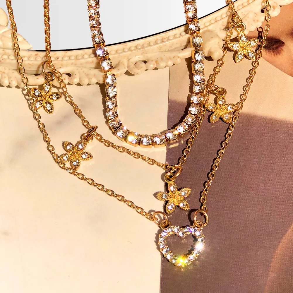 Multi Layer Shiny Heart Flower Rhinestone Pendant Necklace for Women Gold Color Crystal Tennis Chain Necklace Party Jewelry 2021
Multi Layer Shiny Heart Flower Rhinestone Pendant Necklace for Women Gold Color Crystal Tennis Chain Necklace Party Jewelry 2021