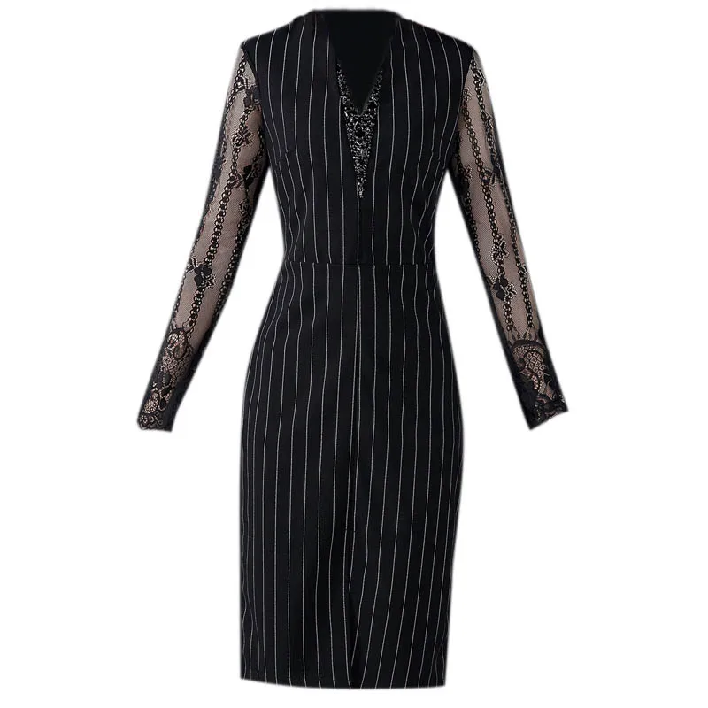 2022 Spring Women Pencil Knee-Length Dresses Plus Size 4XL Office Ladies Striped Lace Diamonds Patchwork Long Sleeve Dress D9936 
2022 Spring Women Pencil Knee-Length Dresses Plus Size 4XL Office Ladies Striped Lace Diamonds Patchwork Long Sleeve Dress D9936