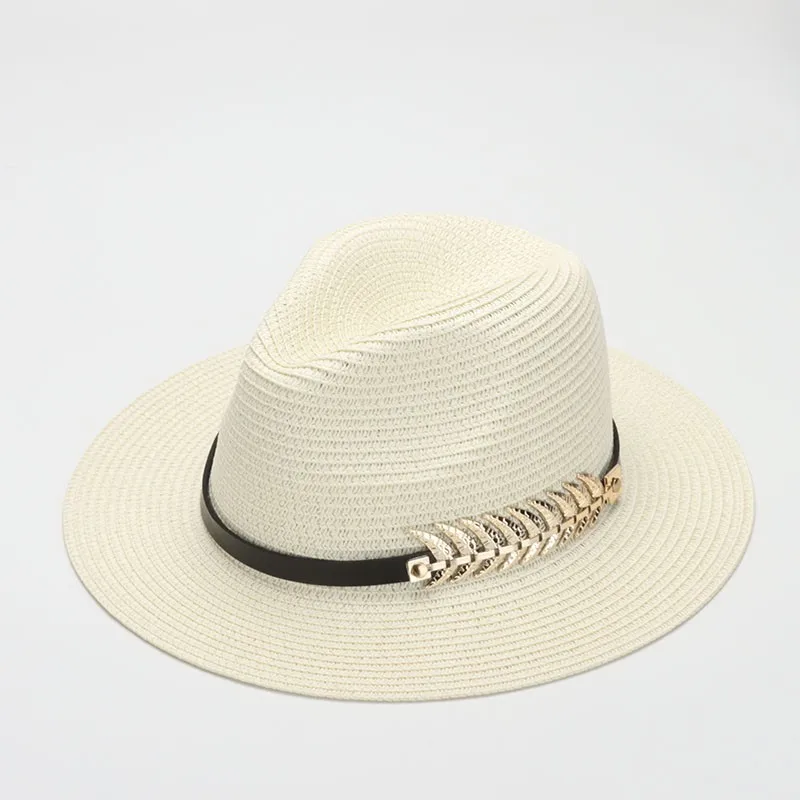 

COKK Summer Hats For Women Gold Leaf Chain Panama Cap Sun Hat Ladies Beach Travel Jazz Sunhat Sunshade Wide Brim Gorro Floppy