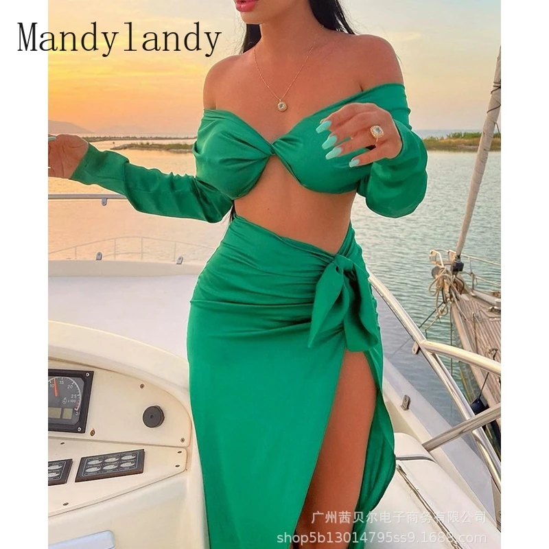Mandylandy Summer Long Sleeve V-neck Slash Neck Top + Lace Up High Waist Slit Skirt Suit Women's Solid Color Slim Two-Piece Suit
Mandylandy Summer Long Sleeve V-neck Slash Neck Top + Lace Up High Waist Slit Skirt Suit Women's Solid Color Slim Two-Piece Suit