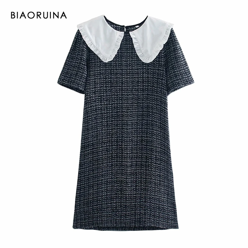 

Женское твидовое короткое платье BIAORUINA, милое модное короткое платье в стиле преппи с воротником Питера Пэна на пуговицах сзади