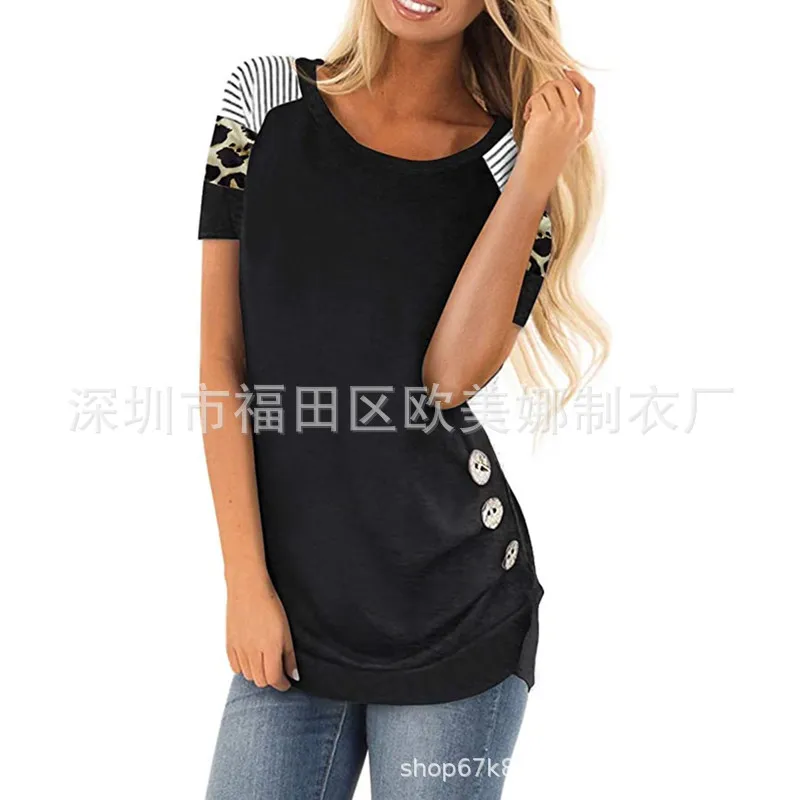 Spring and summer new women's round neck striped leopard button short sleeve T-shirt for women
Spring and summer new women's round neck striped leopard button short sleeve T-shirt for women