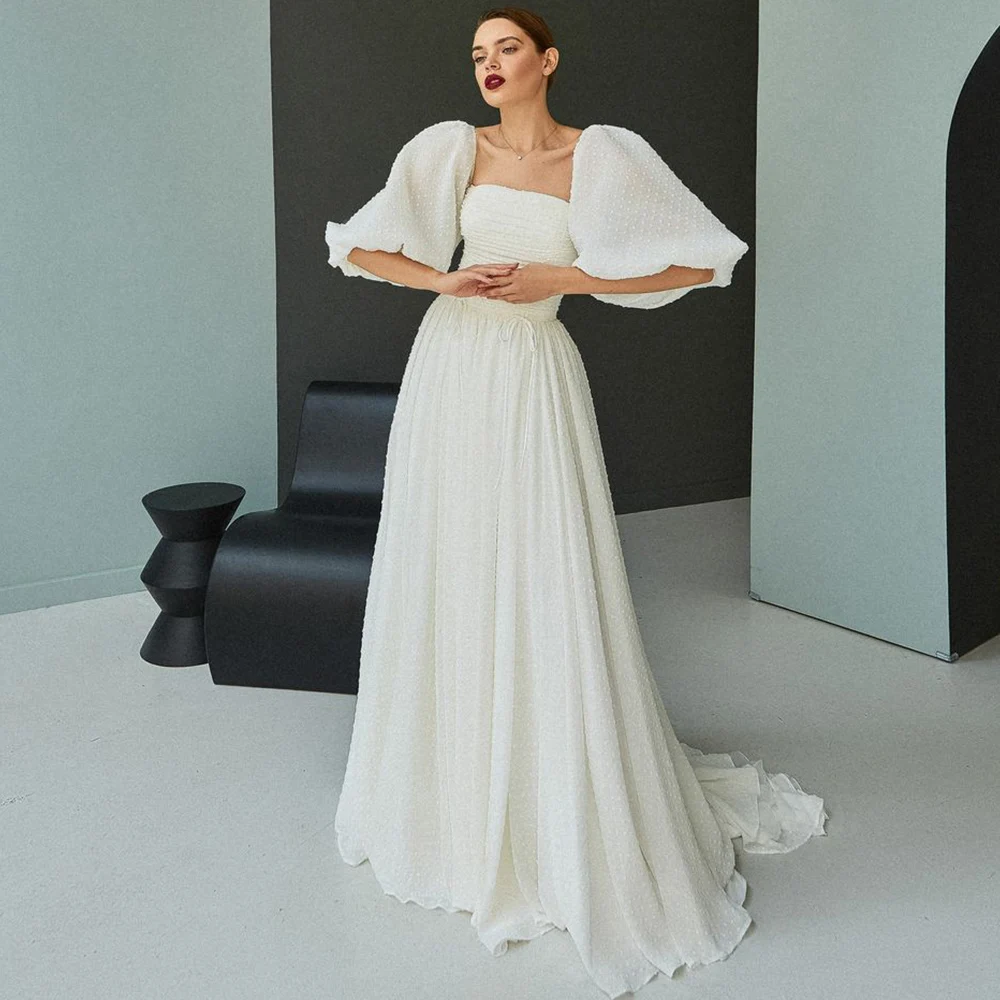 Simple White Wedding Dresses Half Flare Sleeve A-Line Lace Up Back Strapless Chiffon Pleat Ribbons Court Train Vestidos De Novia
Simple White Wedding Dresses Half Flare Sleeve A-Line Lace Up Back Strapless Chiffon Pleat Ribbons Court Train Vestidos De Novia