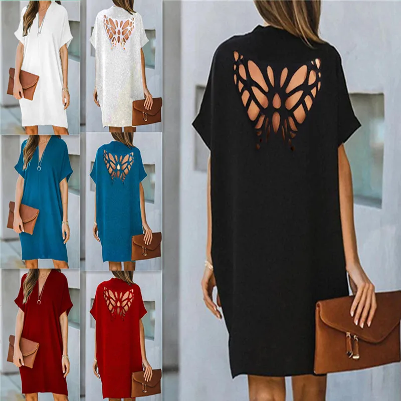 Women Solid Color Dress Short Sleeve V Neck Loose Dress Office lady Hollow Out Butterfly Dresses Clothing Black Casual Backless
Women Solid Color Dress Short Sleeve V Neck Loose Dress Office lady Hollow Out Butterfly Dresses Clothing Black Casual Backless