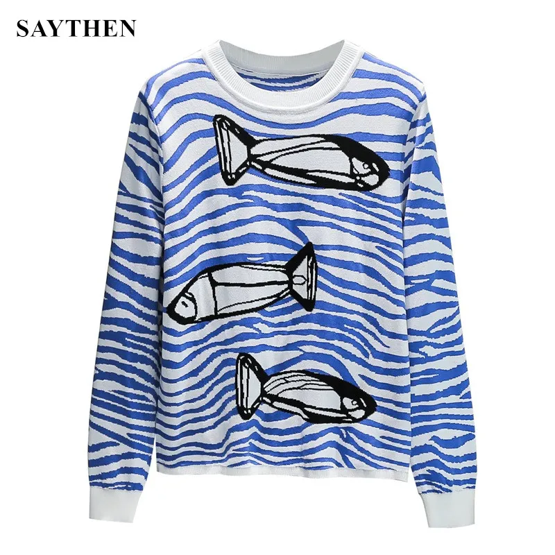 SAYTHEN Women Knitted Animal Jacquard Fish Wave Striped Tops Autumn Tees Runway Design Jumper Half Sleeve Pullovers For Lady 
SAYTHEN Women Knitted Animal Jacquard Fish Wave Striped Tops Autumn Tees Runway Design Jumper Half Sleeve Pullovers For Lady