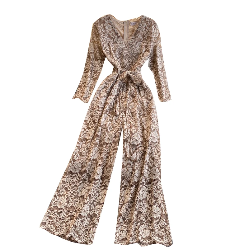 2021 Spring New European American Style Sexy V-neck Lace Lace-up Waist Slimming Lace-up Wide-leg Trousers Jumpsuit C445 
2021 Spring New European American Style Sexy V-neck Lace Lace-up Waist Slimming Lace-up Wide-leg Trousers Jumpsuit C445