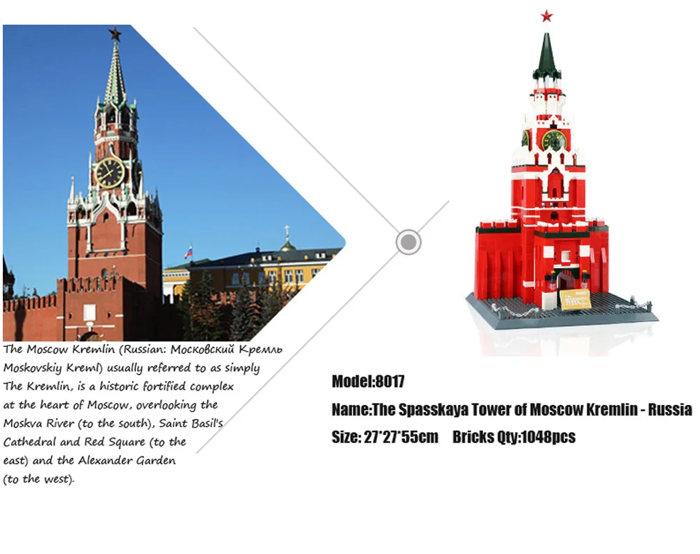 WANGE Famous Russia The Spasskaya Tower of Moscow Kremlin 5219 Blocks Construction Toys for Children Birthday Gifts 1048PCS
WANGE Famous Russia The Spasskaya Tower of Moscow Kremlin 5219 Blocks Construction Toys for Children Birthday Gifts 1048PCS