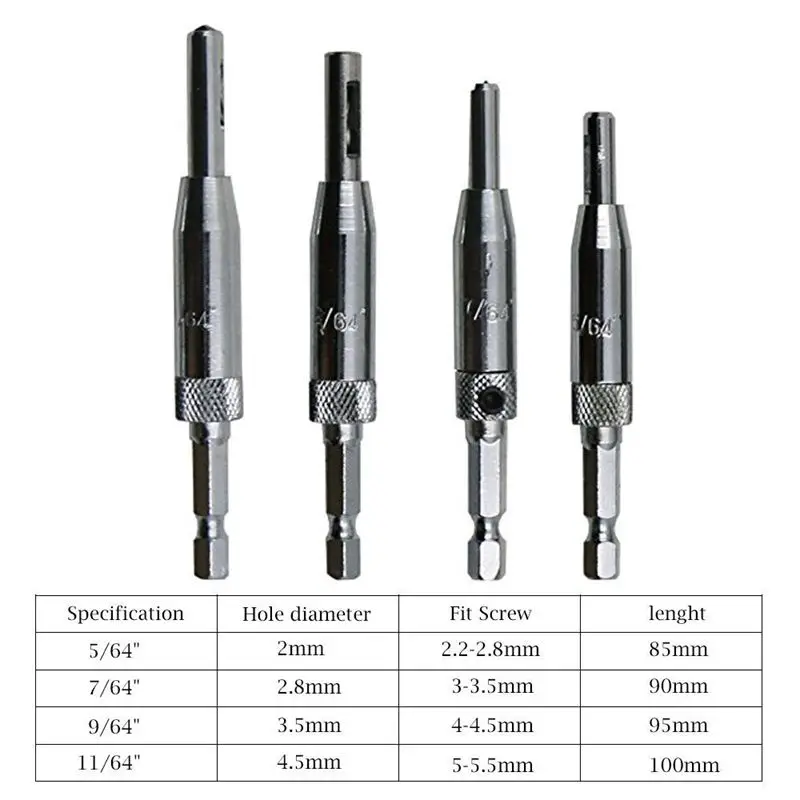 4pcs Self Centering Hinge Drill Bits Set,1/4inch Hex Shank, screw sizes 5/64 inch, 7/64 inch, 9/64 inch, 11/64 inch for Door Cab
4pcs Self Centering Hinge Drill Bits Set,1/4inch Hex Shank, screw sizes 5/64 inch, 7/64 inch, 9/64 inch, 11/64 inch for Door Cab