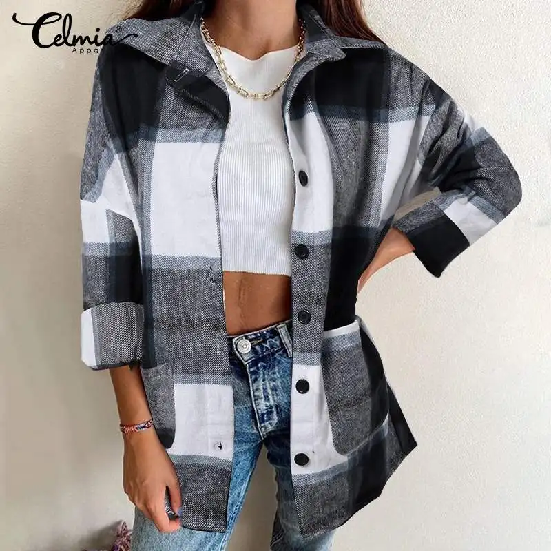 Women Plaid Printed Sanding Shirt Celmia 2021 Autumn Casual Loose Lapel Long Sleeve Overshirt Fashion Pocket Checked Long Shirts
Women Plaid Printed Sanding Shirt Celmia 2021 Autumn Casual Loose Lapel Long Sleeve Overshirt Fashion Pocket Checked Long Shirts