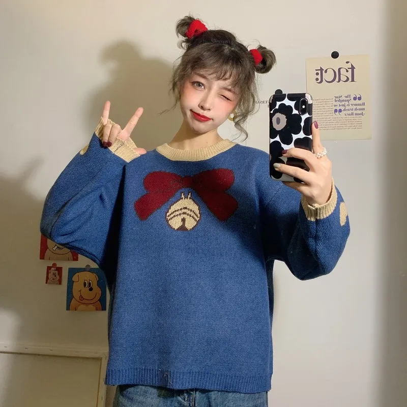 Winter Women's Christmas Sweater Japanese cute sweet Female student bow bell blue loose retro knitting sweater Pullovers top
Winter Women's Christmas Sweater Japanese cute sweet Female student bow bell blue loose retro knitting sweater Pullovers top
