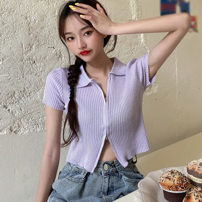 Korean Style Women Summer Solid Color T shirt Sweet Knitted T shirt Ladies Zipper Short Sleeve Casual Tops 6 colors 
Korean Style Women Summer Solid Color T shirt Sweet Knitted T shirt Ladies Zipper Short Sleeve Casual Tops 6 colors