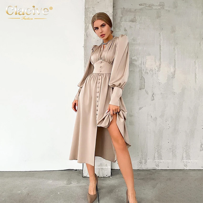 Clacive Sexy V-Neck Khaki Elegant Dresses For Women Fashion Lantern Sleeve Midi Dress Satin Slit Party Dress For New Year 2022
Clacive Sexy V-Neck Khaki Elegant Dresses For Women Fashion Lantern Sleeve Midi Dress Satin Slit Party Dress For New Year 2022