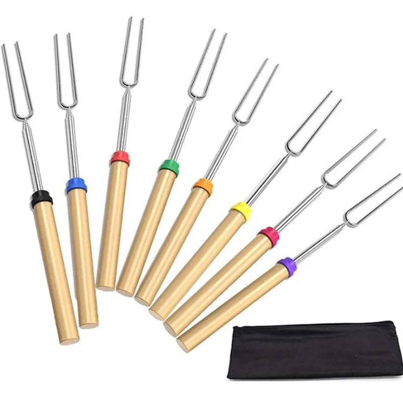 

8Pcs/Set BBQ Forks Camping With Bags Stainless Steel Wooden Handle Telescoping Barbecue Roasting Fork Sticks Skewers