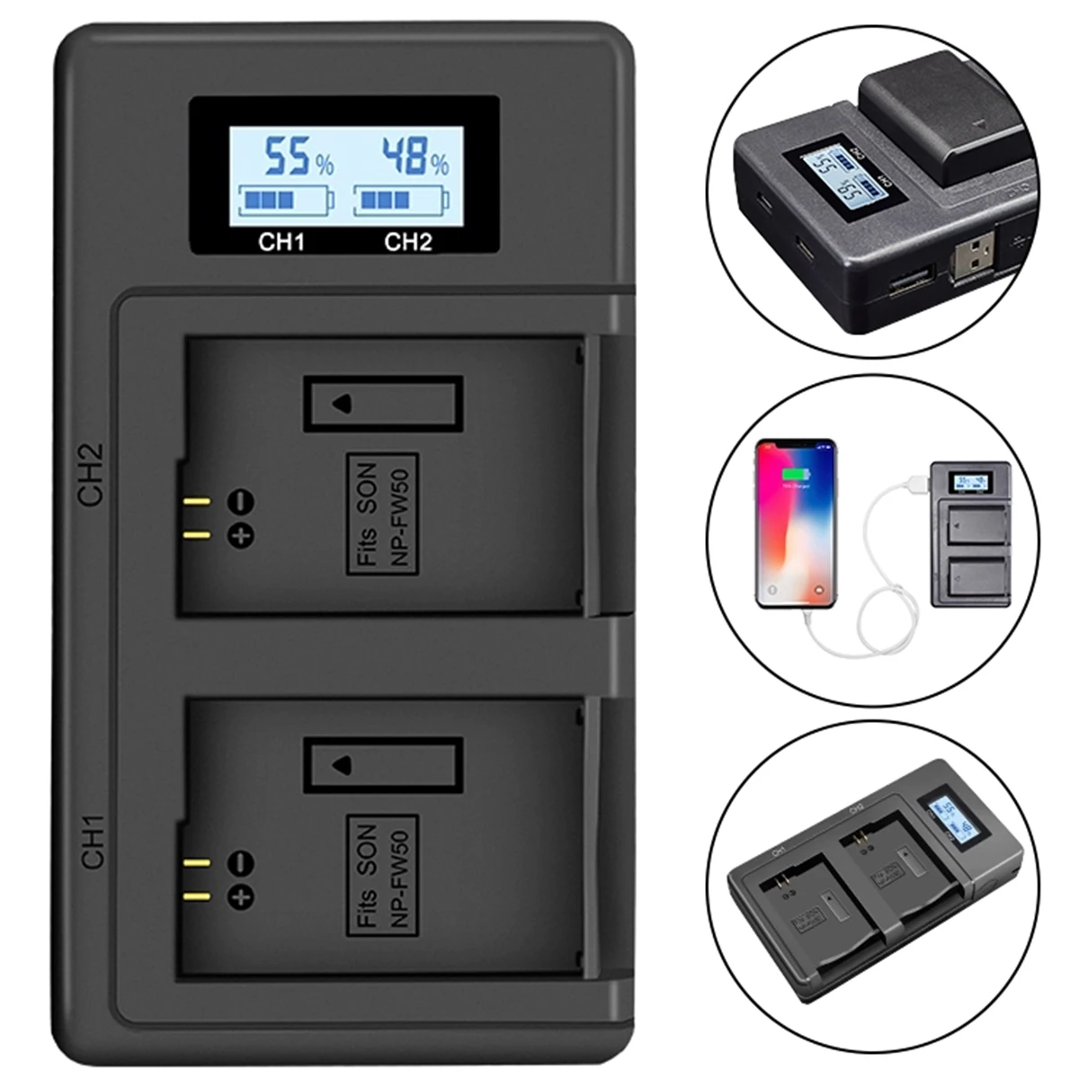 SOONHUA Двухканальное Зарядное устройство USB зарядное s ЖК-дисплей для NP-FW50 батареи