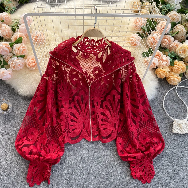 2021 Spring Autumn Lace Hollow Out Blouse Women Fashion Stand Collar Casual Lantern Sleeve Short Shirt Loose Female Tops G1169
2021 Spring Autumn Lace Hollow Out Blouse Women Fashion Stand Collar Casual Lantern Sleeve Short Shirt Loose Female Tops G1169