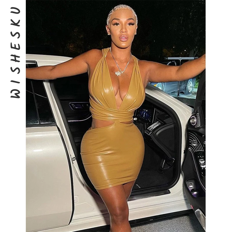 Sexy Party Club Bodycon Dresses For Women Halter Hollow Out Bandage Backless PU Mini Dress Streetwears 2021 Autumn Clothing
Sexy Party Club Bodycon Dresses For Women Halter Hollow Out Bandage Backless PU Mini Dress Streetwears 2021 Autumn Clothing