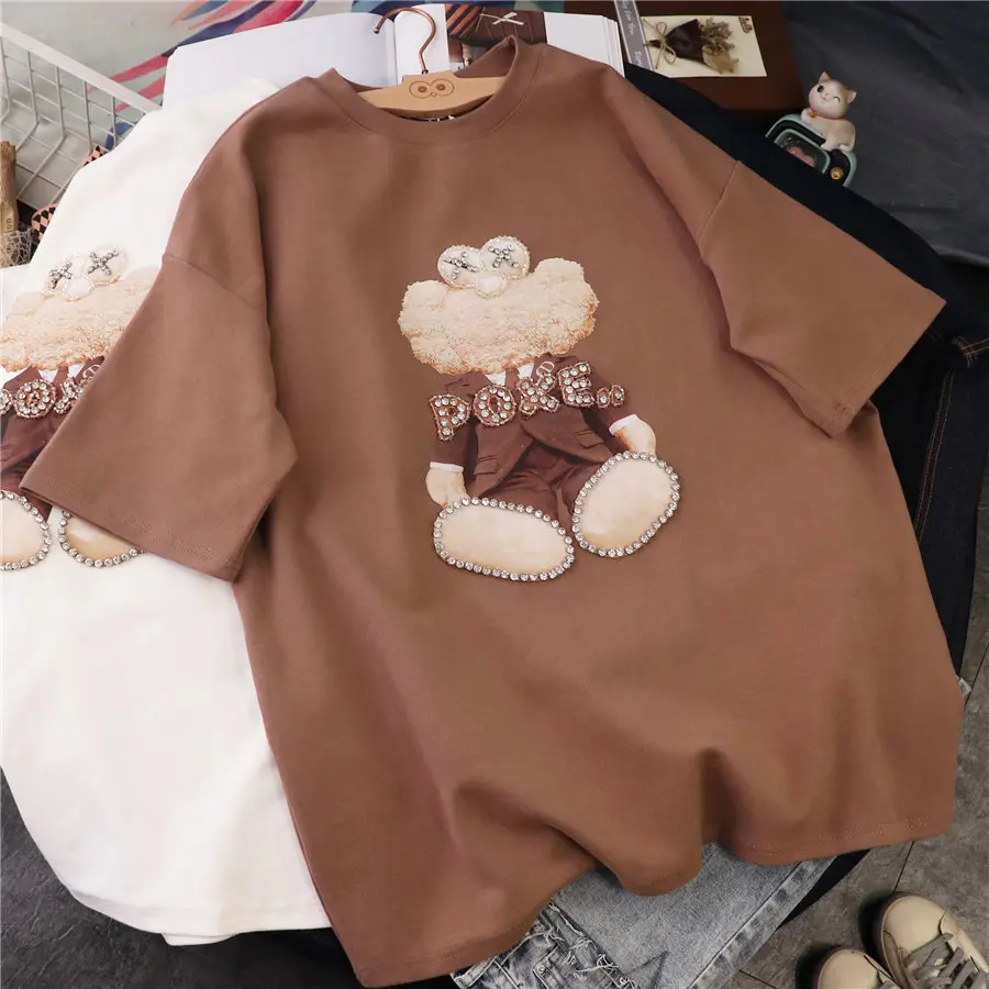 Korean Style Spring Three-Dimensional Rhinestone Suit Brushed Thickened Short-Sleeved T-shirt Loose T-shirt Skirt Women's Top
Korean Style Spring Three-Dimensional Rhinestone Suit Brushed Thickened Short-Sleeved T-shirt Loose T-shirt Skirt Women's Top
