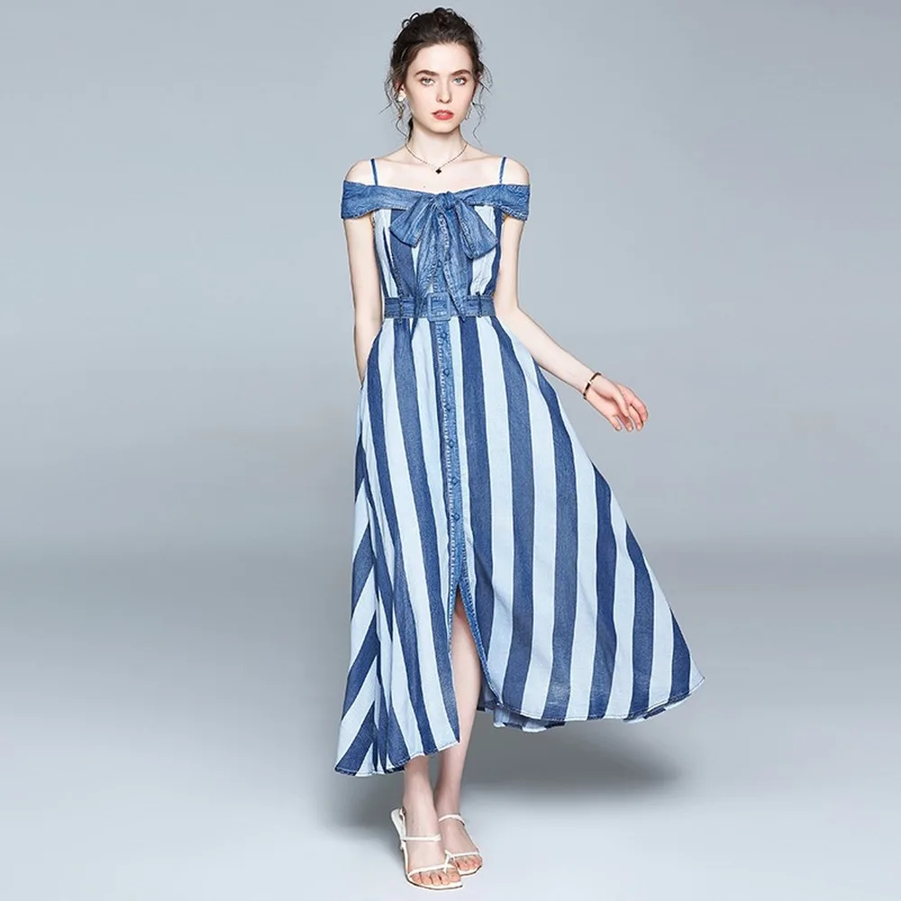 Jospoo Strap Horizontal Neck Striped Denim Jean Dress New Female Off-Shoulder Slim Waist Dresses Temperament Swinging Vestidos
Jospoo Strap Horizontal Neck Striped Denim Jean Dress New Female Off-Shoulder Slim Waist Dresses Temperament Swinging Vestidos