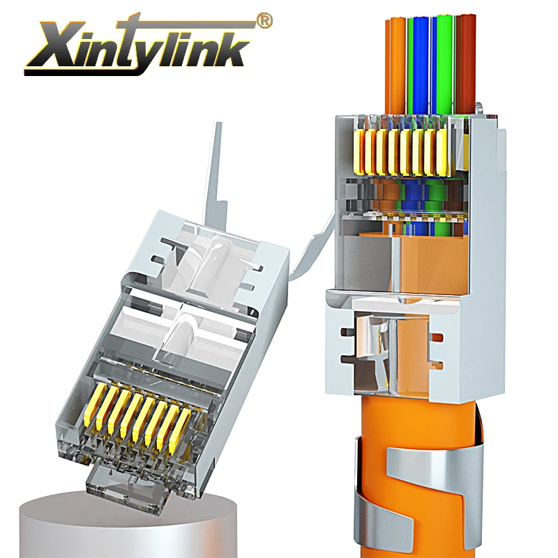 

xintylink CAT8 CAT7 CAT6A rj45 connector 50U RJ 45 ethernet cable plug network SFTP FTP shielded jack 1.5mm hole pass through