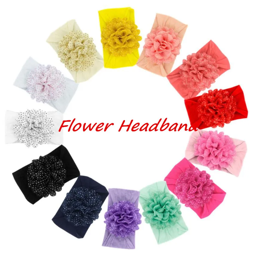 

12pcs/lot 4" Polka Dot Chiffon Flower Matching Wide Nylon Headband For Baby Hairband Kids Children Newborn Hair Accessories