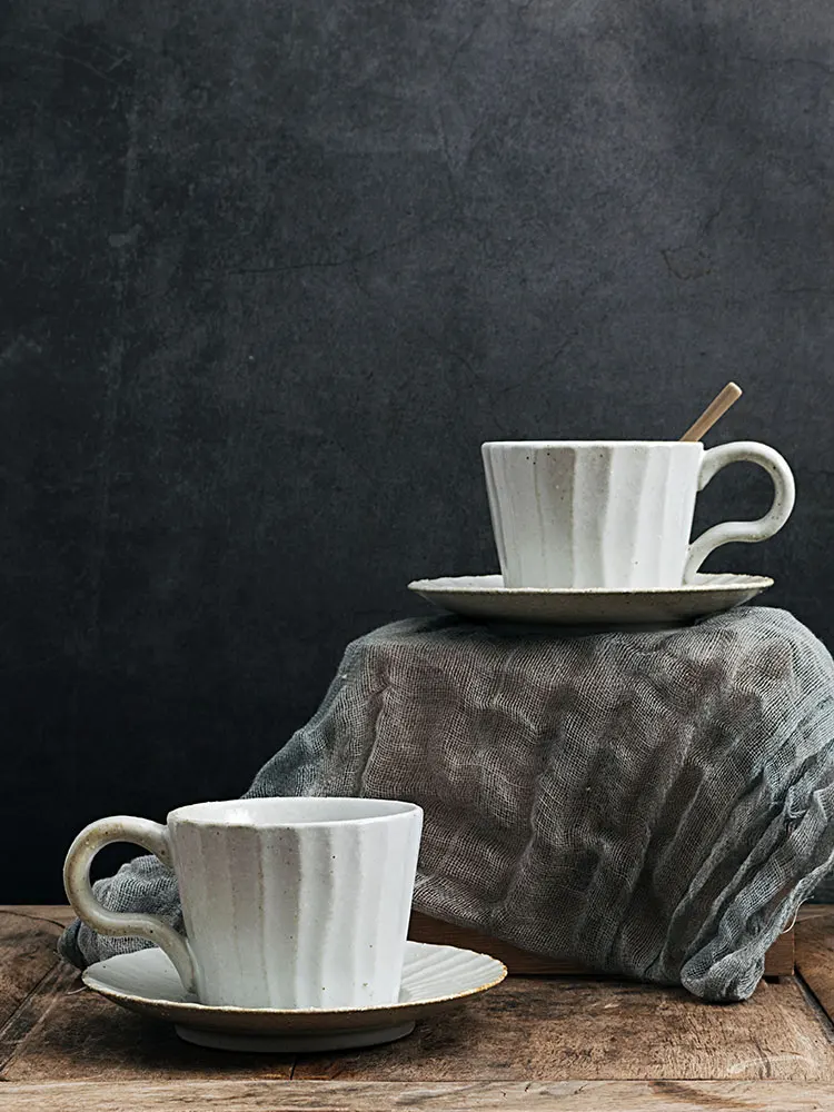 

Coffee Cup Set Solid-Color Mark Cups And Saucer Tazas De CafÉ Retro Style Irregular Stripes Pottery Tea Mugs Coffee Mug