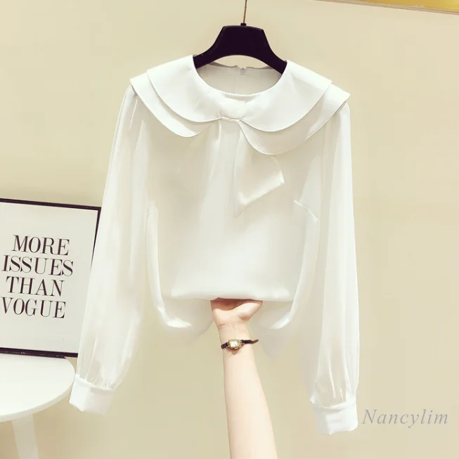 

Sweet Bow Doll Collar White Shirt Women's Pullover Top 2021 Spring New Loose Girl Ladies Long Sleeve Blouse Blusas Mujer