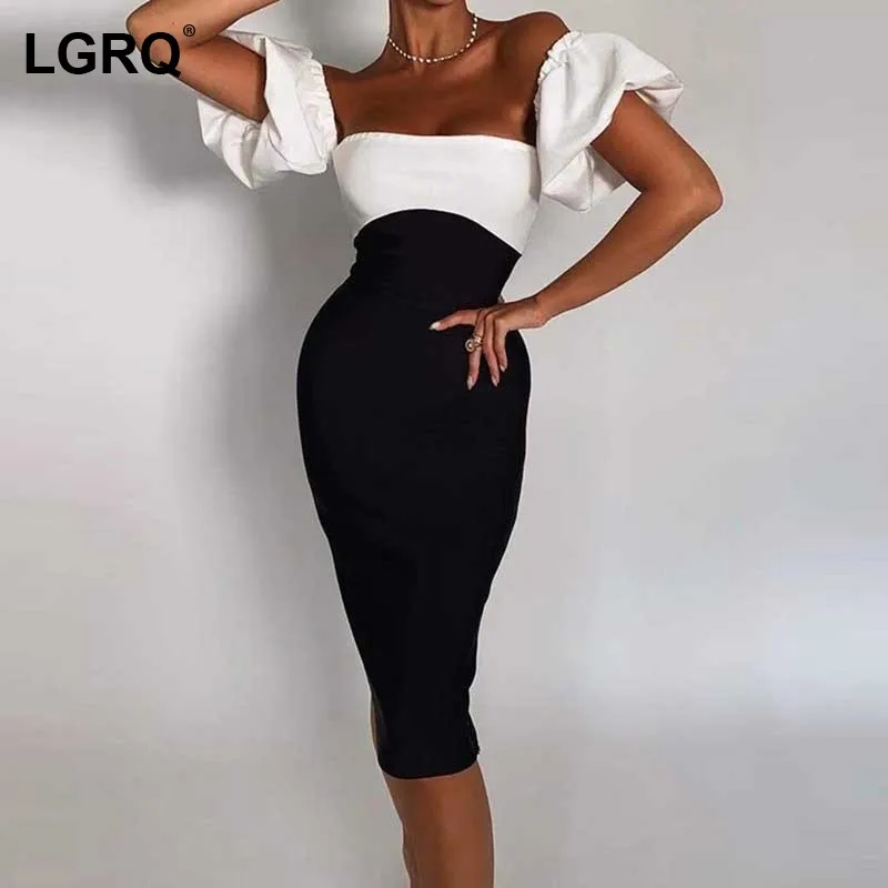 

[LGRQ] Women Black Slim Backless Sexy Dress New Slash Neck Short Flare Sleeve Fit Fashion Tide Spring Autumn 2021 19D2197