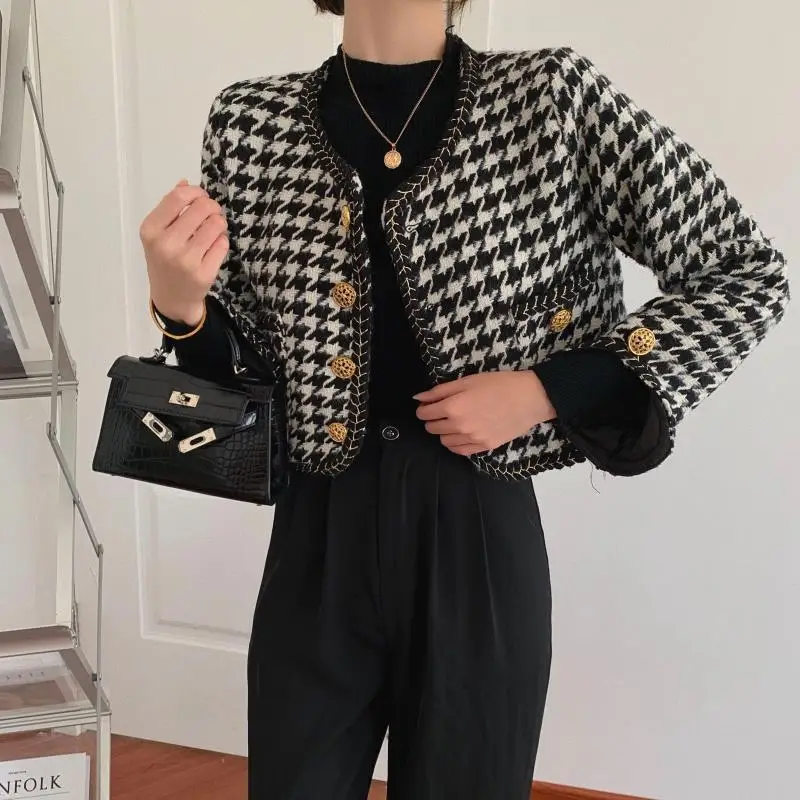 Autumn Women Jacket Korean Retro Winter Clothing French Ladies Sweet Short Jackets Black White Houndstooth Coat Invierno Mujer
Autumn Women Jacket Korean Retro Winter Clothing French Ladies Sweet Short Jackets Black White Houndstooth Coat Invierno Mujer