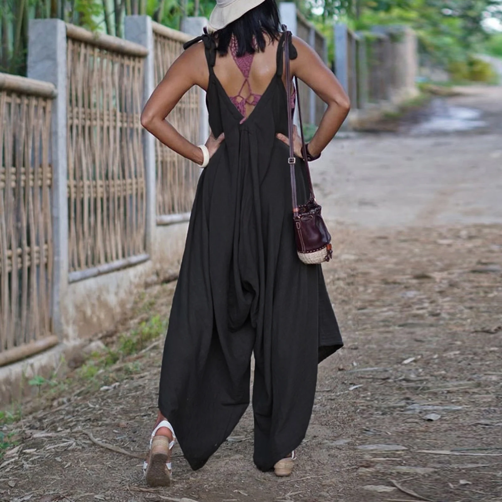 Women Tie-Up Sling Loose Backless Jumpsuits Sexy V Neck Off Shoulder Beach Romper Playsuit Spring Summer Wide Leg Pants Overalls 
Women Tie-Up Sling Loose Backless Jumpsuits Sexy V Neck Off Shoulder Beach Romper Playsuit Spring Summer Wide Leg Pants Overalls