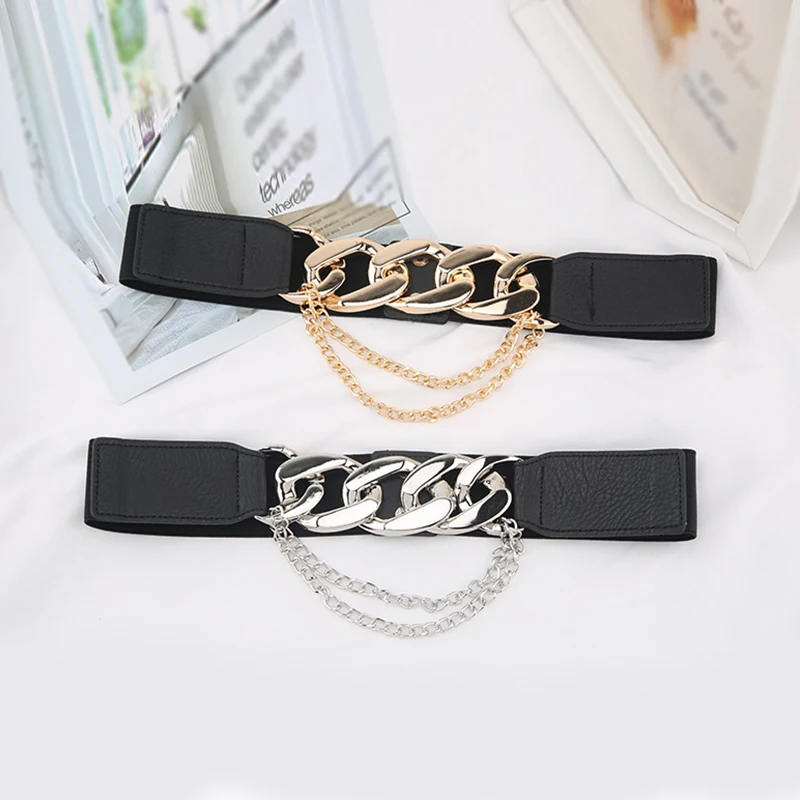 PU Thick Chain Waist Strap Stretch Cummerbunds Metal Chains Buckle Long Tassel Belt Fashion Decoration Elastic Waist Belt
PU Thick Chain Waist Strap Stretch Cummerbunds Metal Chains Buckle Long Tassel Belt Fashion Decoration Elastic Waist Belt