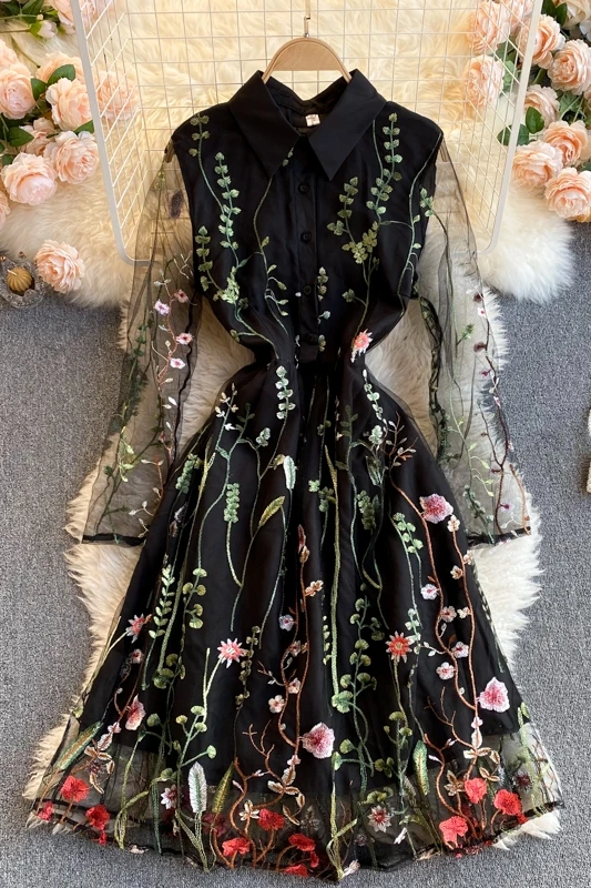 Retro 2021 Spring New Turn Down Collar Full Mesh Yarn Embroidered Print A-Line Dresses for Women
Retro 2021 Spring New Turn Down Collar Full Mesh Yarn Embroidered Print A-Line Dresses for Women